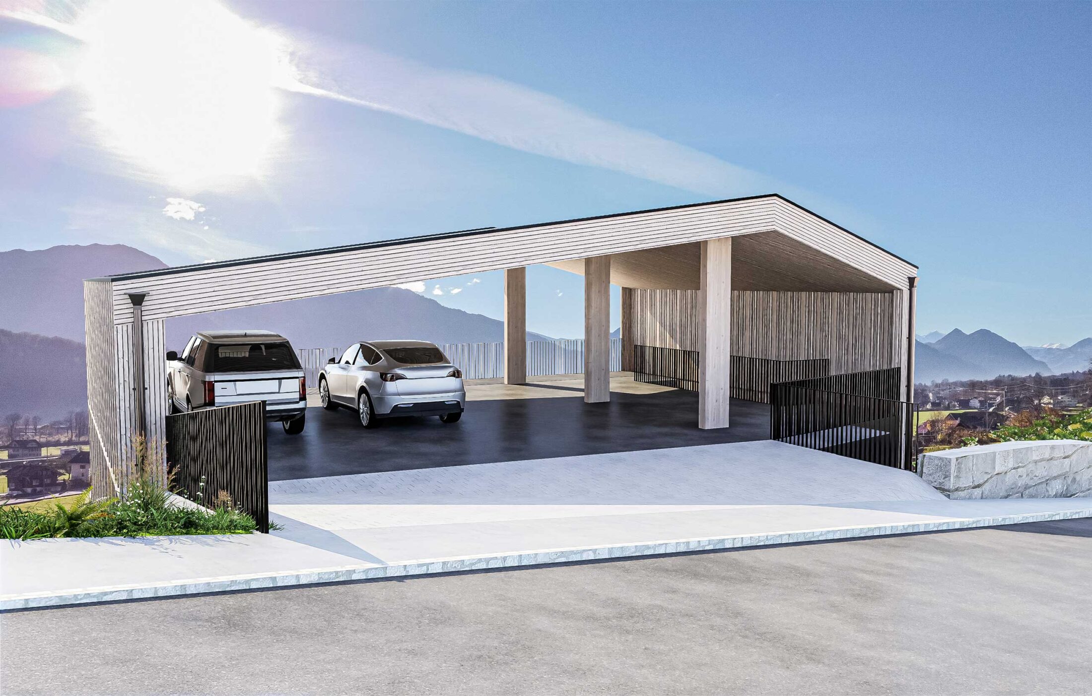 Visualisierung Carport eines Mehrfamilienhauses in Alpnachstad, Obwalden