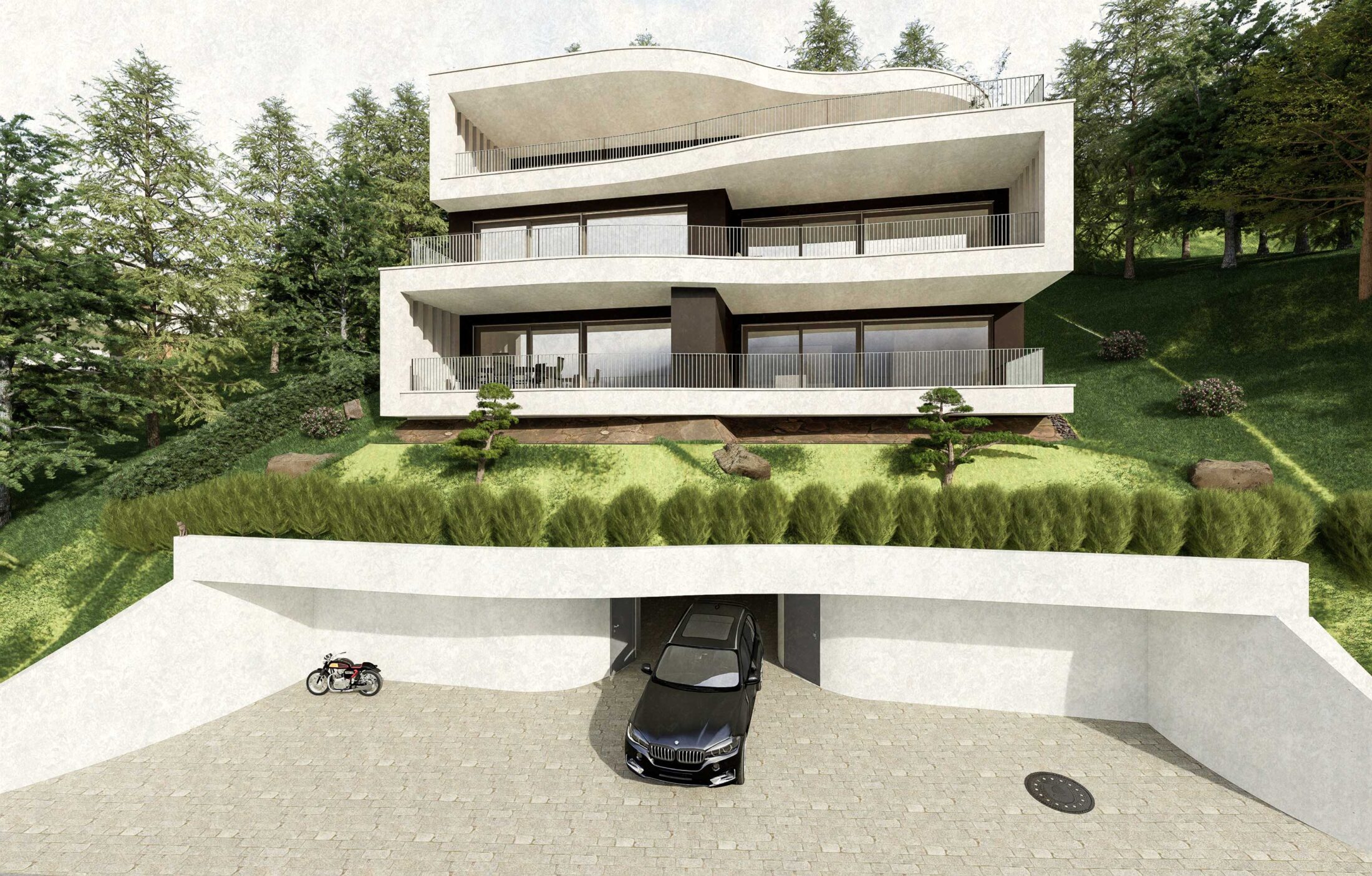 Visualisierung eines Mehrfamilienhauses mit 3 Wohnungen mit Vorplatz in Ennetbürgen, Nidwalden