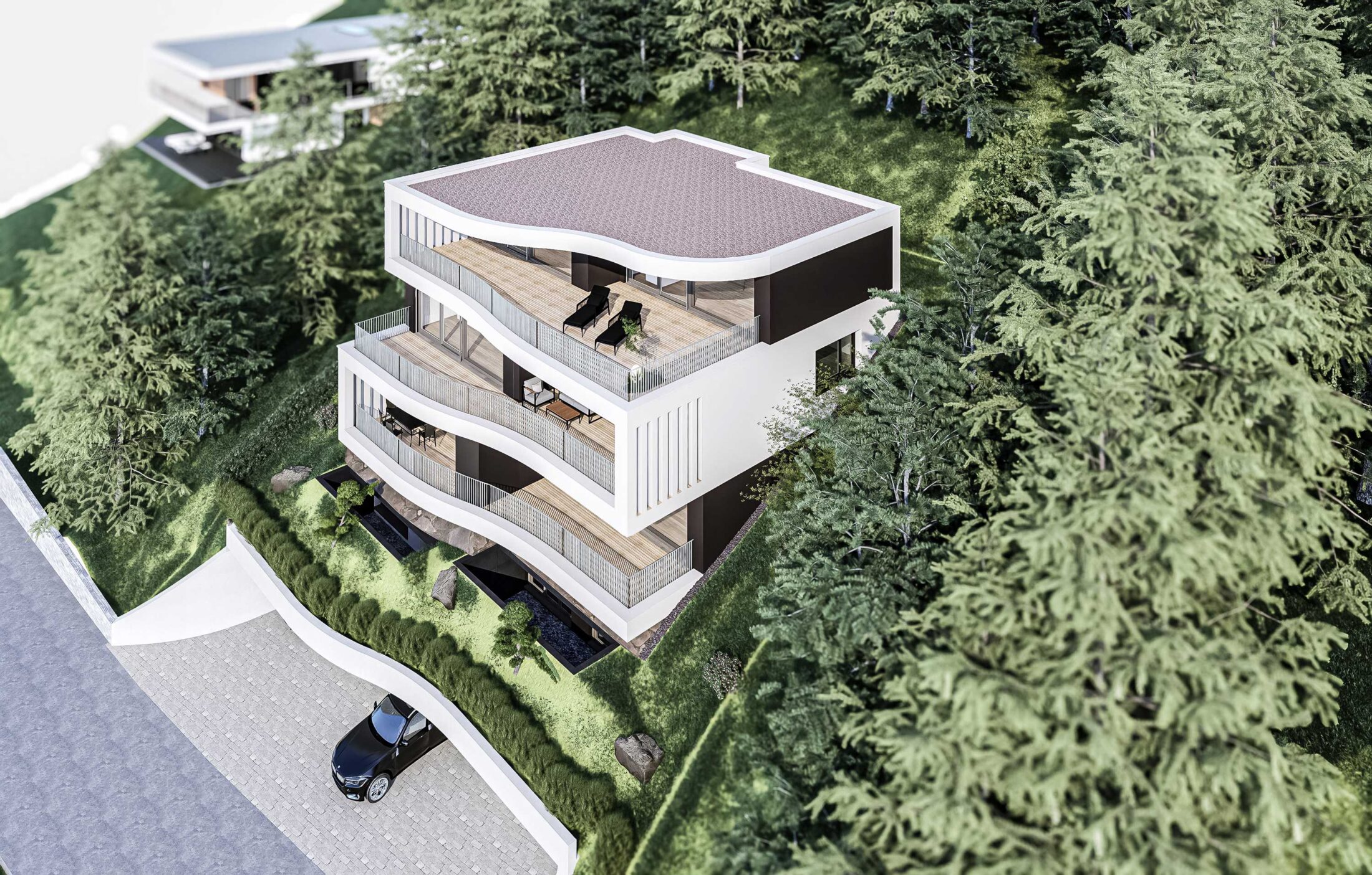 Visualisierung eines Mehrfamilienhauses mit 3 Wohnungen im Hang in Ennetbürgen, Nidwalden