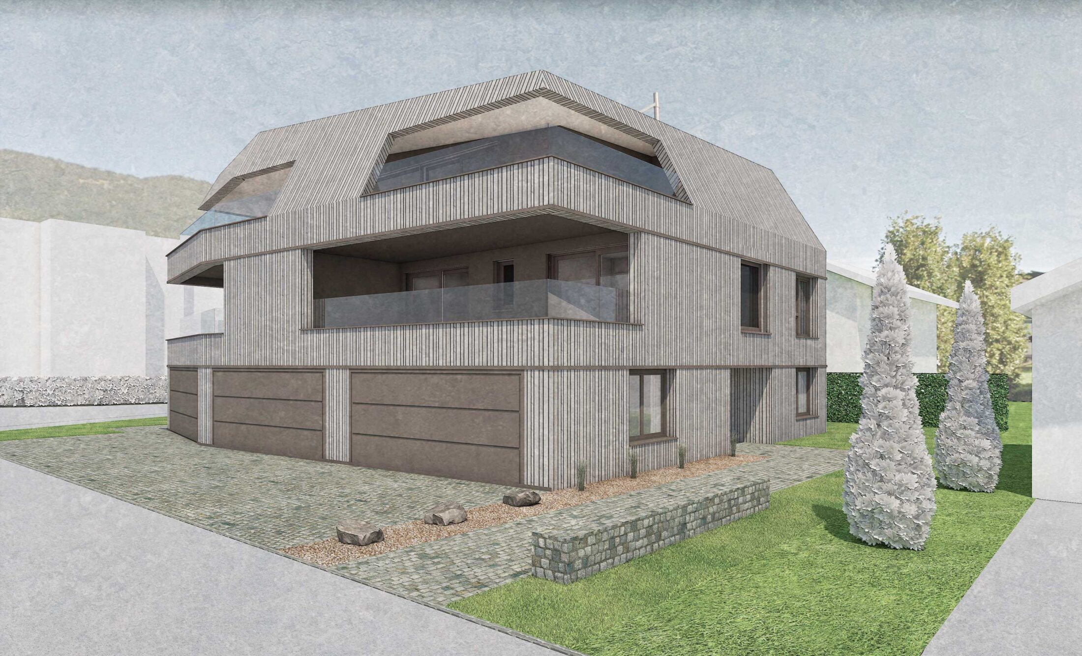 Visualisierung eines Mehrfamilienhauses mit 3 Wohnungen in Sarnen, Obwalden