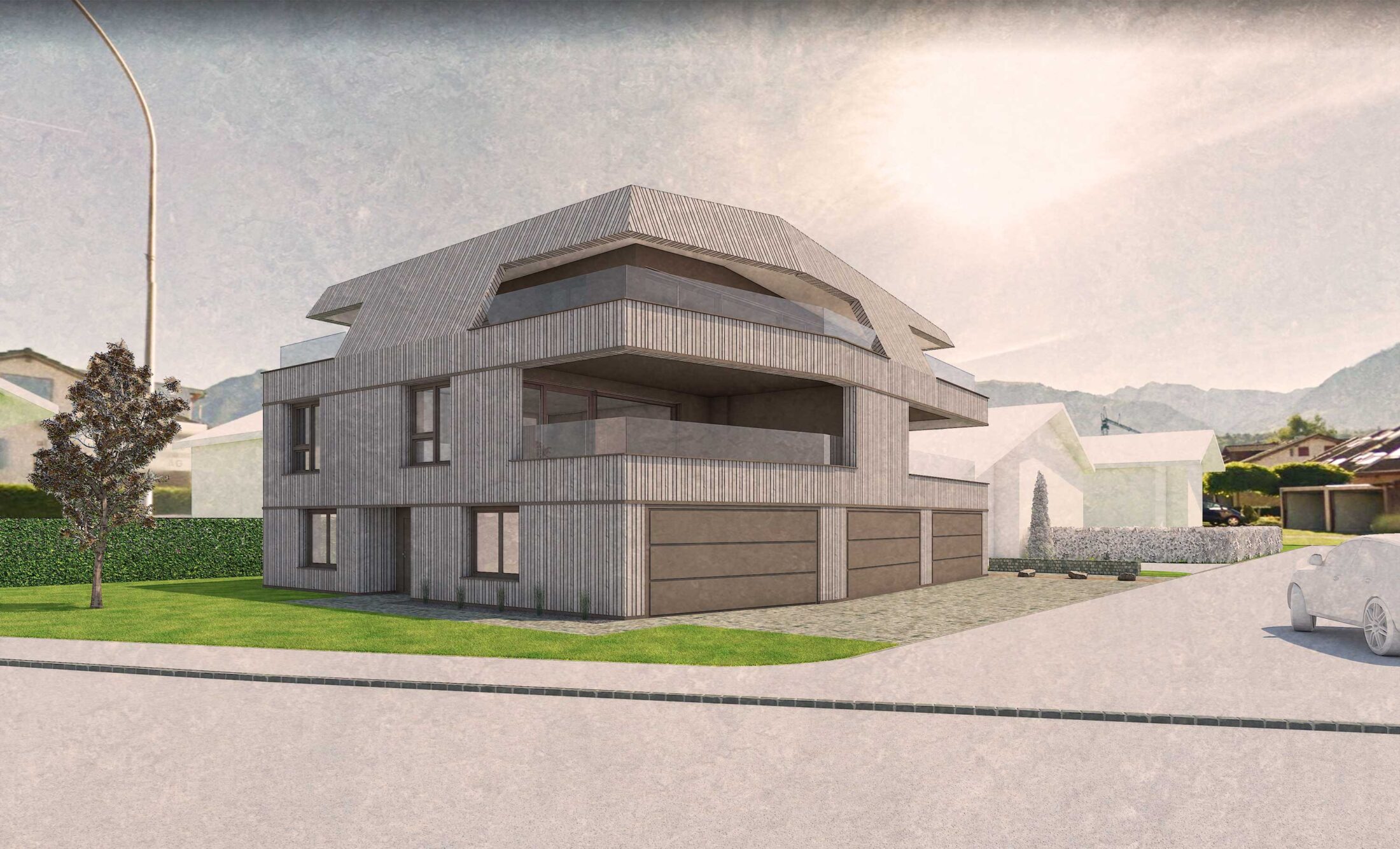 Visualisierung eines Mehrfamilienhauses mit 3 Wohnungen in Sarnen, Obwalden