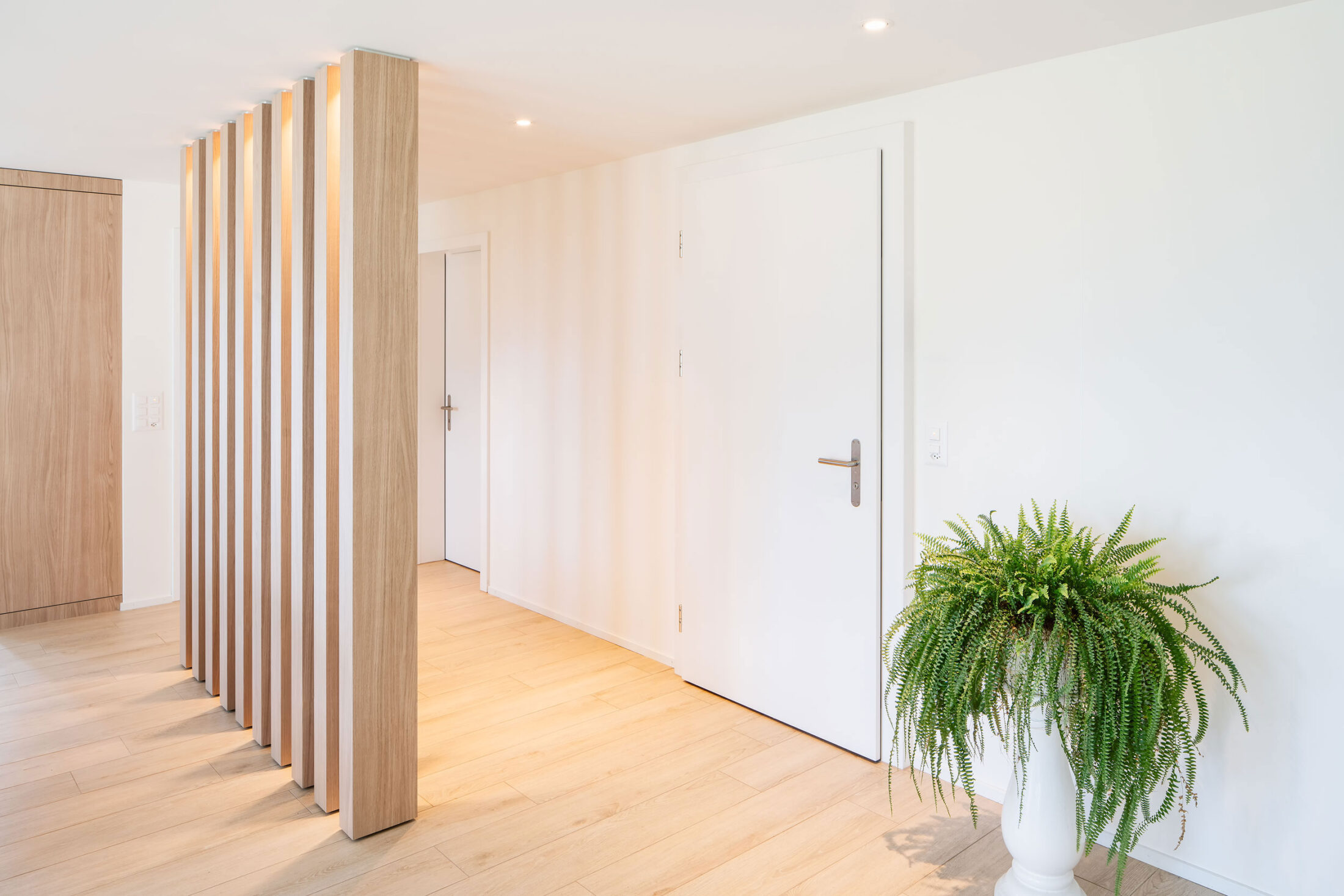 Eingangsbereich und Lamellen als Raumteiler eines umgebauten Einfamilienhauses in Stans, Nidwalden