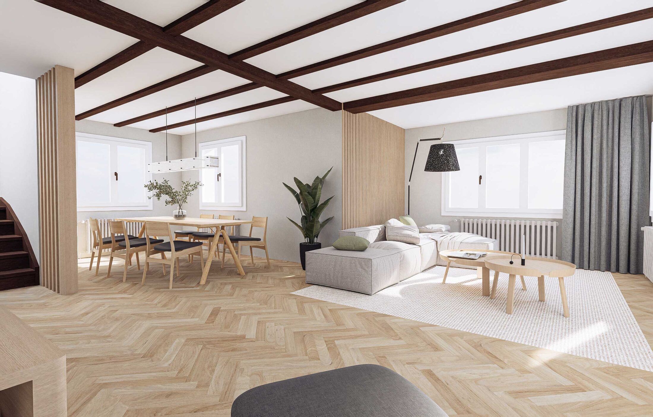 Offener Ess- und Wohnbereich eines umgebauten Althauses mit Fischgrätboden und Lamellen