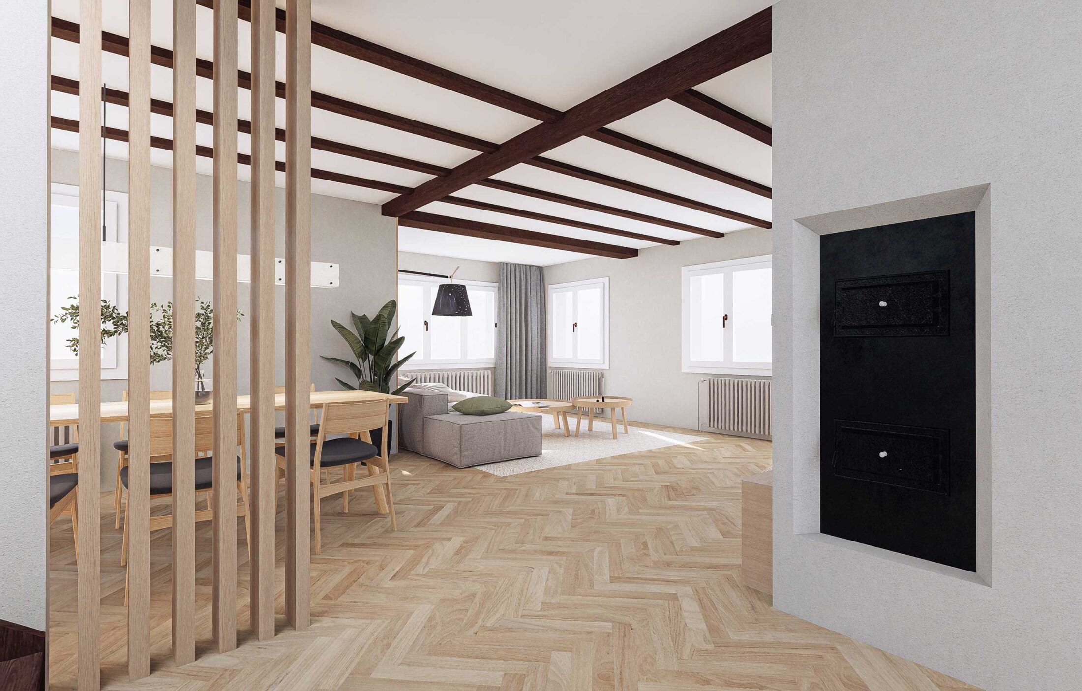 Offener Ess- und Wohnbereich eines umgebauten Althauses mit Fischgrätboden und Lamellen