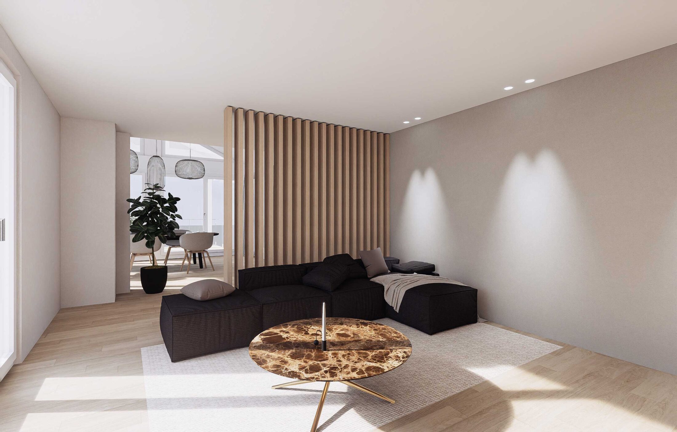 Umgebautes Wohnzimmer einer Dachwohnung